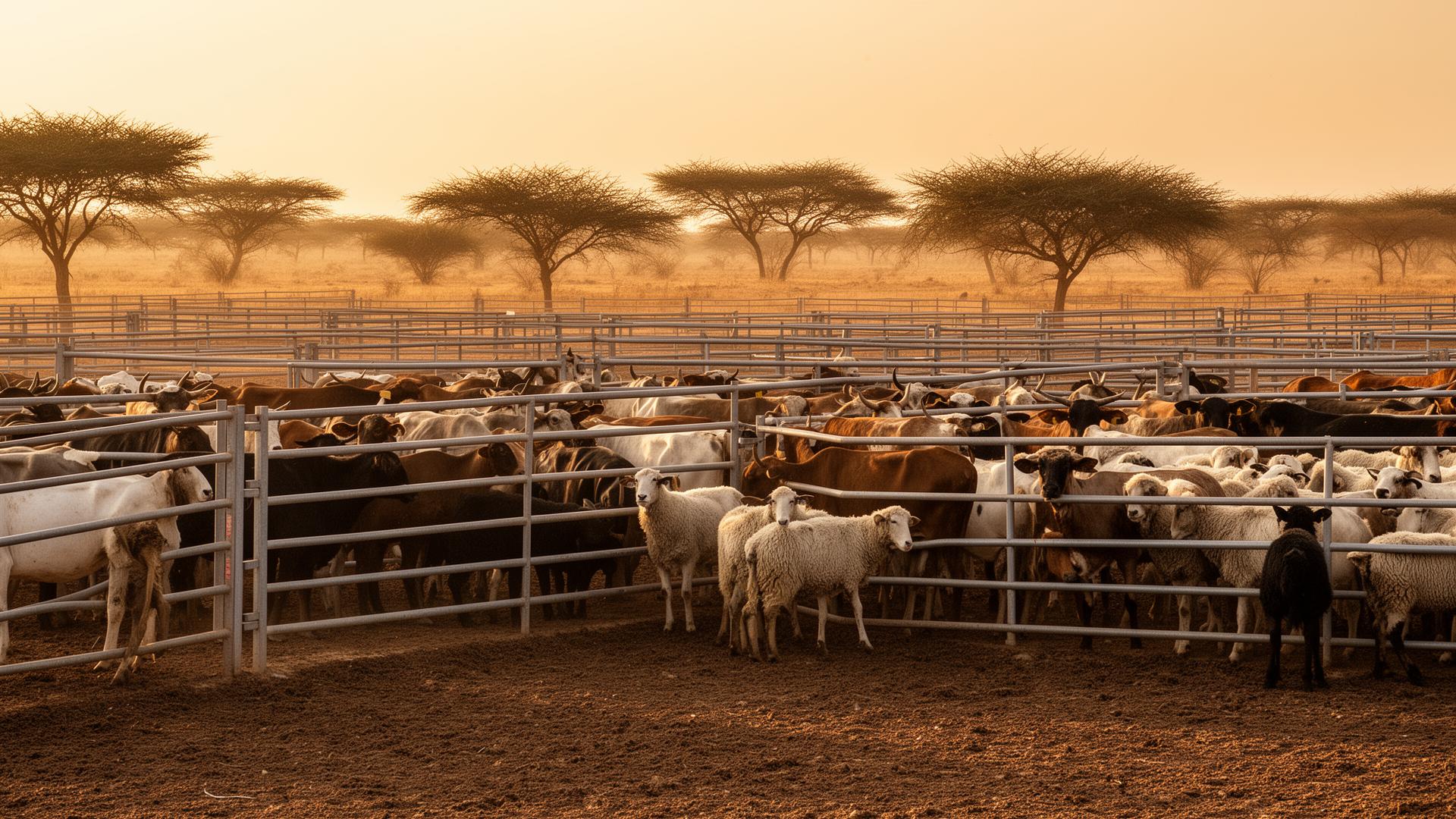 Somaliland livestock feedlot with cattle and sheep at golden hour